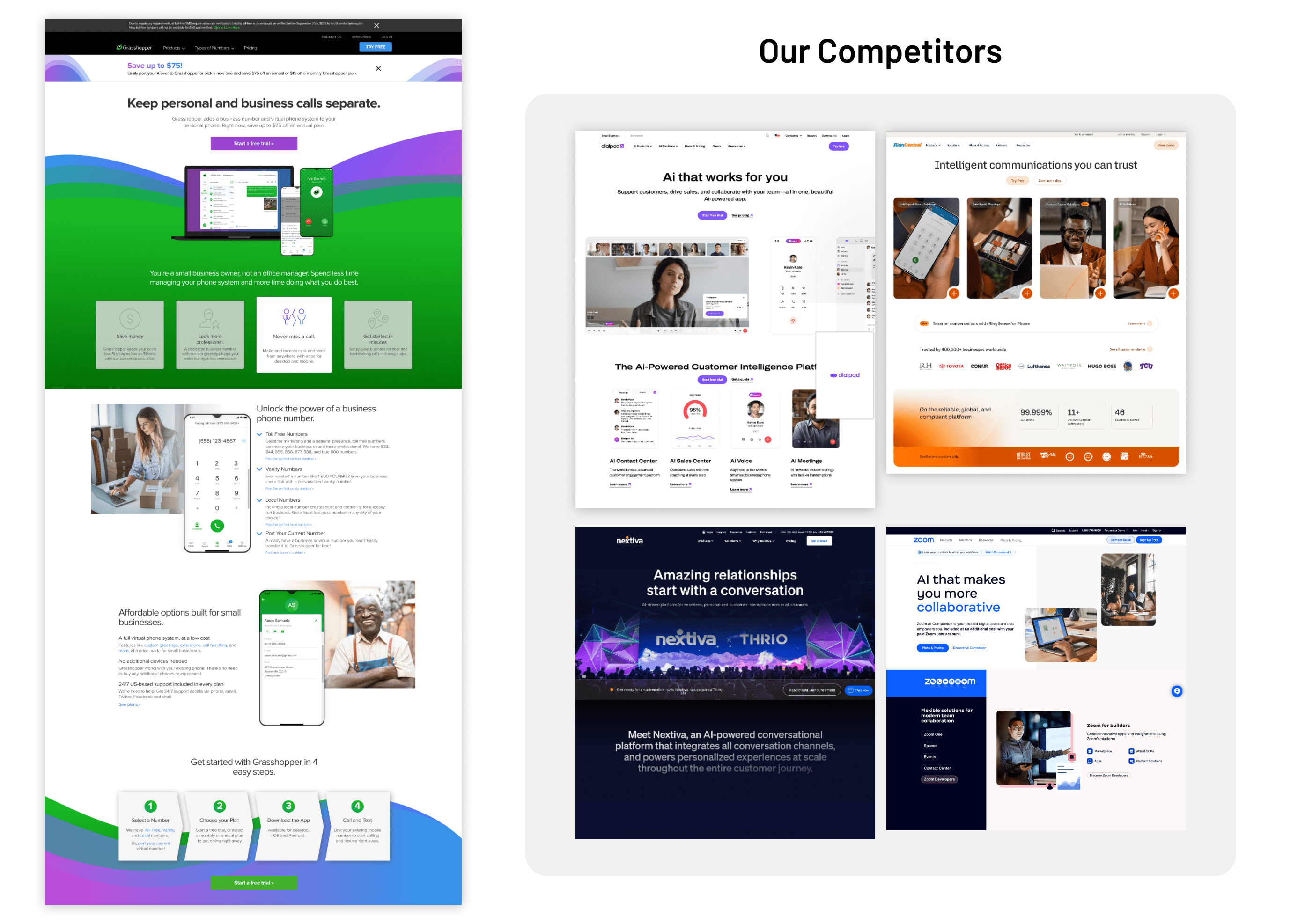 image comparing Grasshopper's old brand with its contemporaries such as Dialpad, Nextiva, and RingCentral.