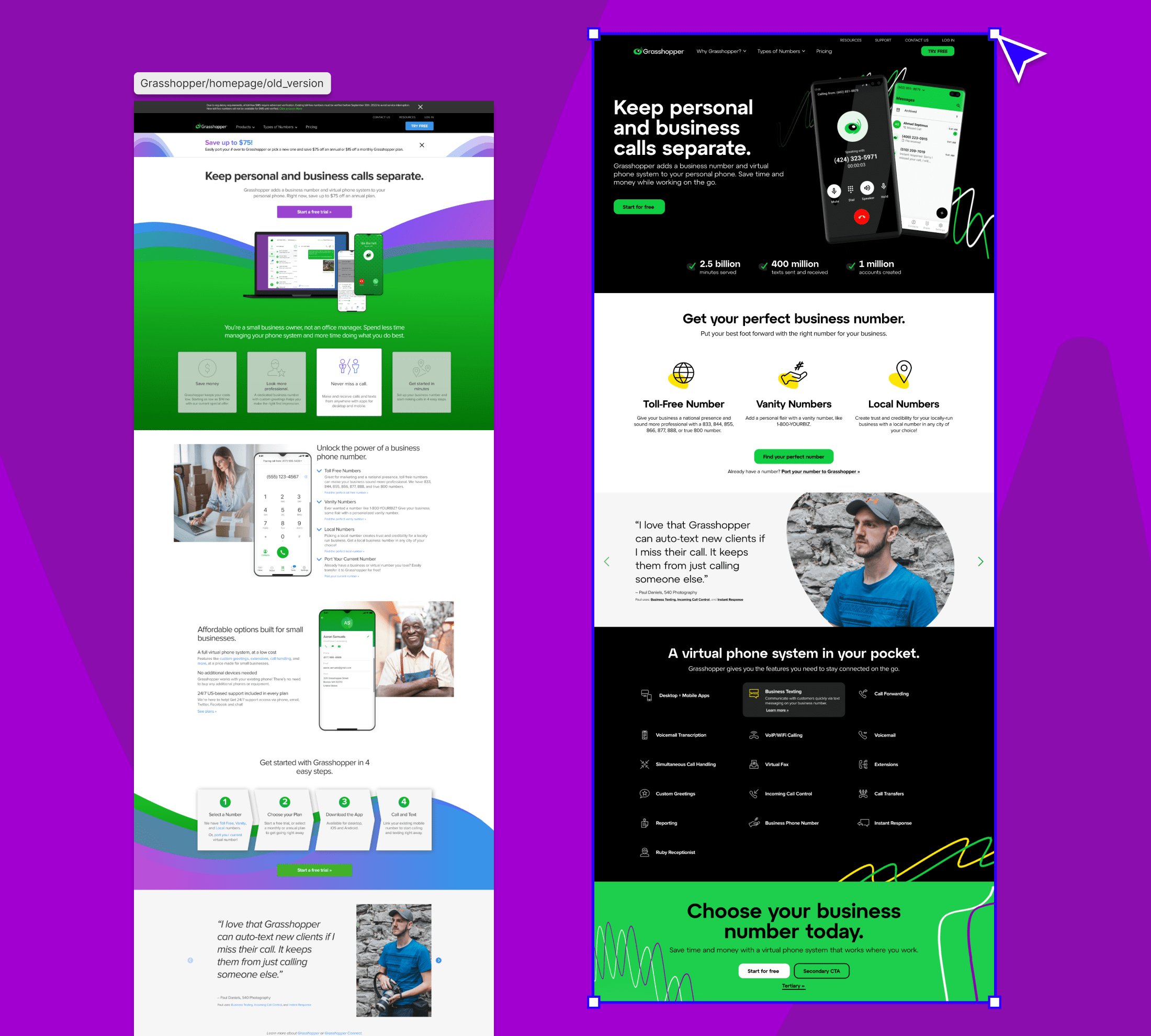 Grasshopper's old homepage side by side with its new one