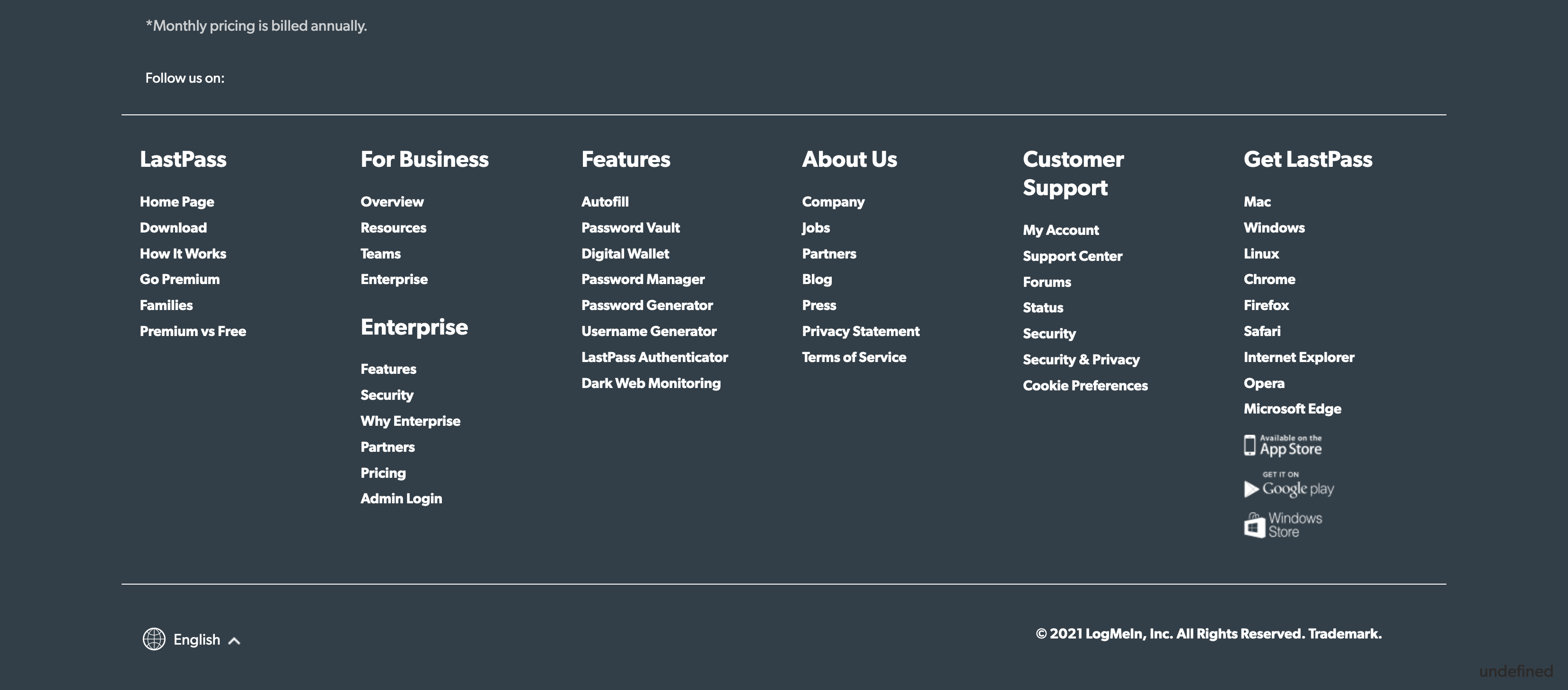 Screenshot showing the Q2 LastPass footer