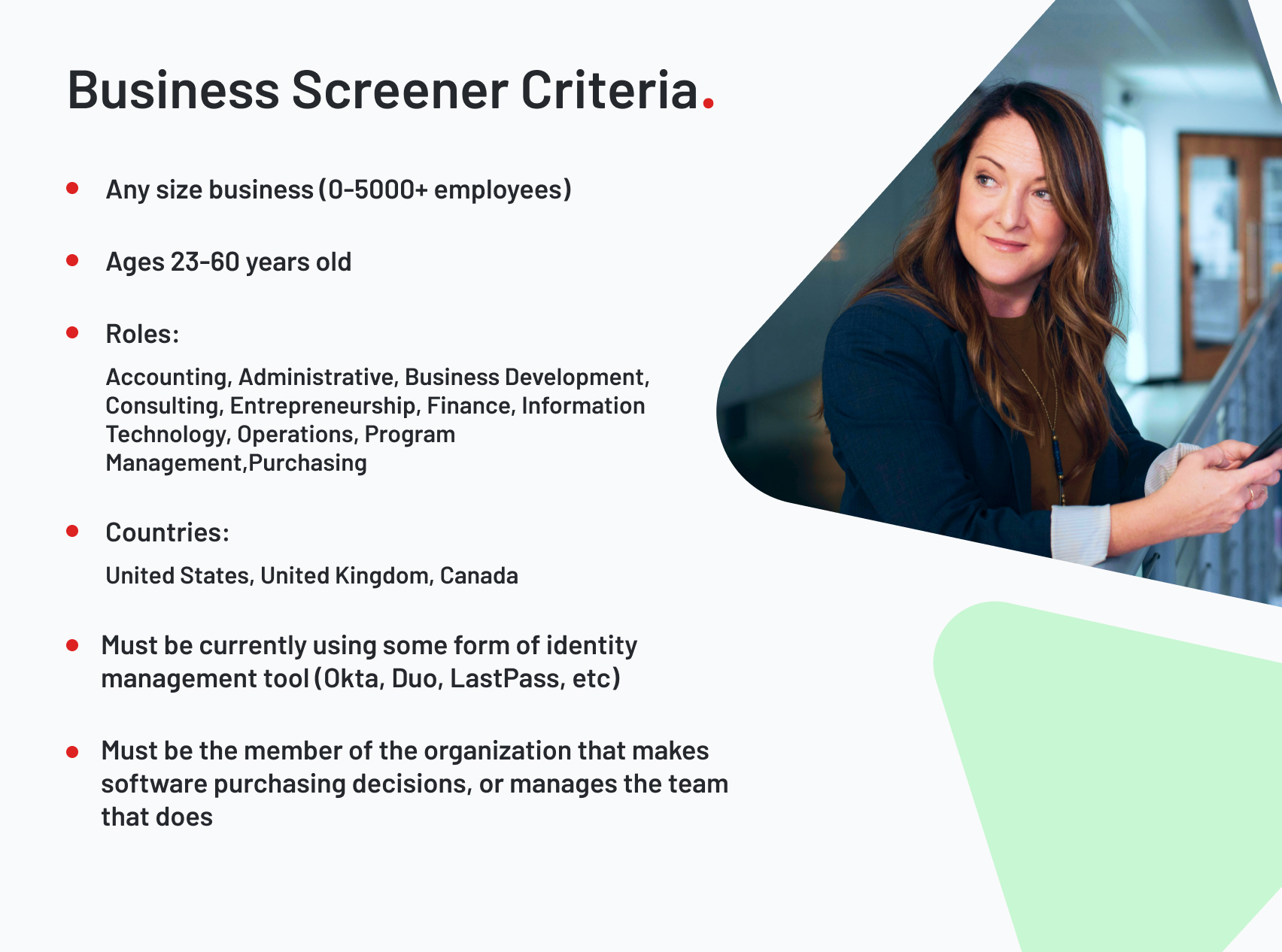 screenshot of LastPass business screener criteria, including age, size of business,role in purchasing software, and familiarity of password management apps